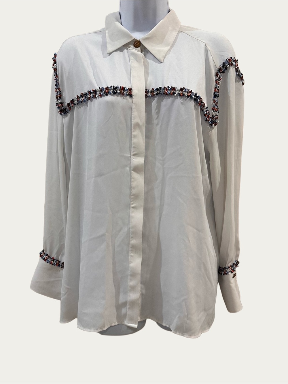 Zara White Long Sleeve Blouse With Looped Ribbon Detailing XL